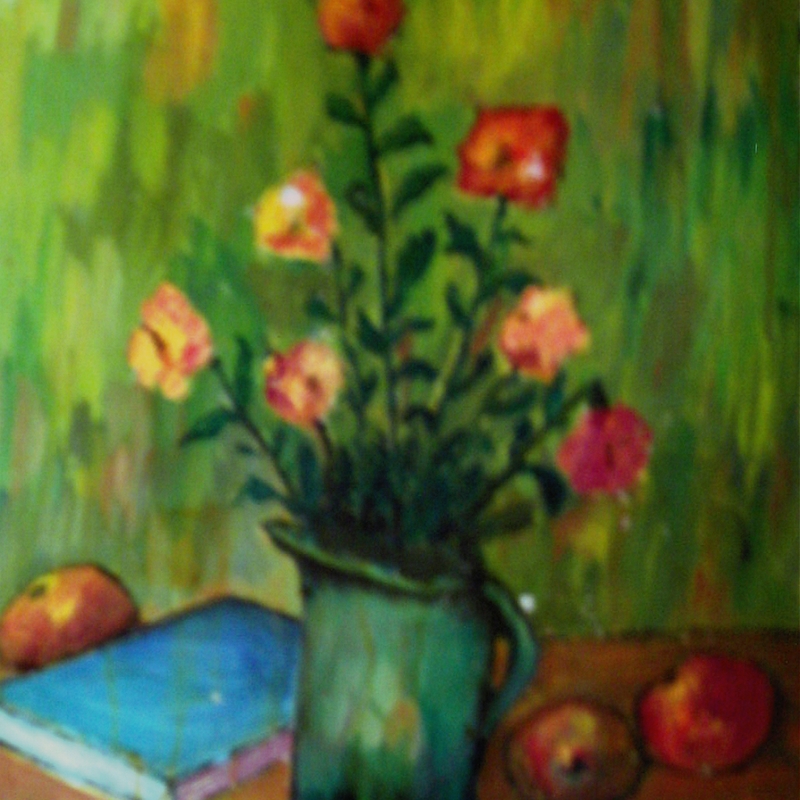 Flori roşii în vas verde, ulei pe pânză, 35x25 cm-2006